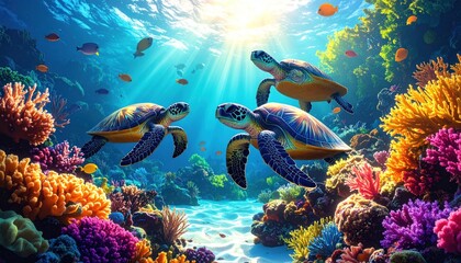 Vibrant underwater ecosystem featuring sea turtles swimming amidst coral reefs