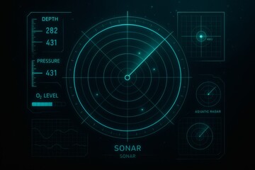 Futuristic Submarine Sonar HUD with Depth and Pressure Meters - Sci-Fi Underwater Interface