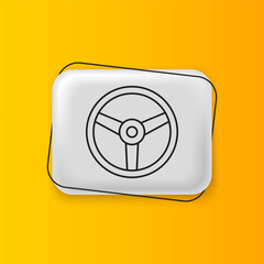Black Steering wheel icon isolated on yellow background. Car wheel icon. Silver rectangle button. Vector