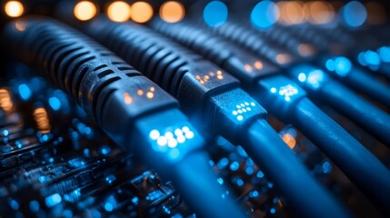 Network cables connecting in brilliant hues of blue, evoking a sense of technological depth and digital interaction