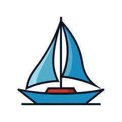 Fototapeta premium Simple illustration of a blue sailboat with red accent sailing on white background