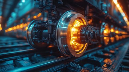 Fototapeta premium Train wheels shine brightly on dark tracks, highlighting motion and industrial beauty at night