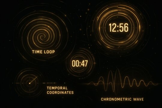 Futuristic Time Loop Interface with Countdown Clock and Temporal Coordinates - Sci-Fi HUD Display for Time Travel and Chronometric Wave Navigation
