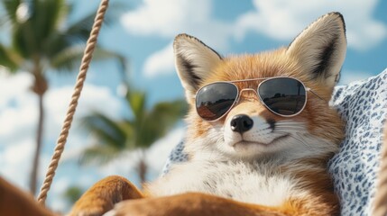 Fototapeta premium Fox Relaxing in Sunglasses Under Palm Trees at a Beach with a Clear Blue Sky