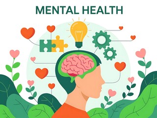 Mental health vector showing brain, gears, heart icons and bulb symbolizing emotional balance, wellness support, psychological growth and mind therapy with nature background