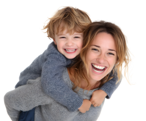 A young boy enjoys a piggyback ride from his mother, sharing a moment of pure happiness.