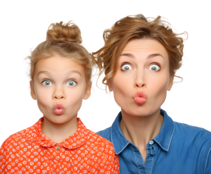 A mother and her daughter make funny faces while posing for a studio portrait together.