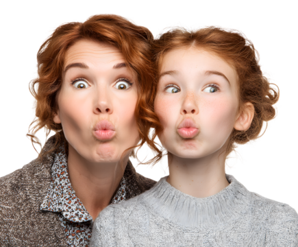 A mother and daughter make funny faces, puckering their lips and looking at the camera together.