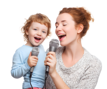 A mother and child share a fun moment, singing together with microphones in a studio.