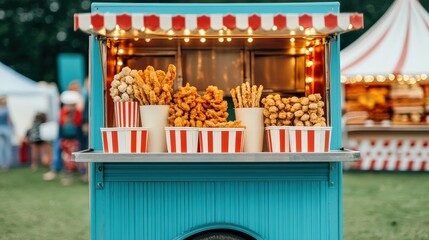 A festive blue food cart offers various skewered treats in striped containers at an outdoor fair, with lights and tents in the background.