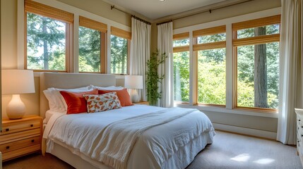 Fototapeta premium Simple modern bedroom with open windows and breezy fabrics
