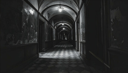 Fototapeta premium Dark And Creepy Abandoned Building Corridor