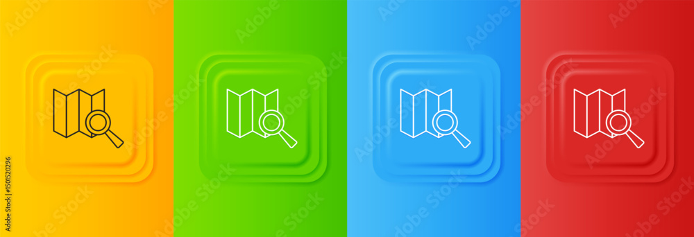 Poster white search location icon isolated on colorful background. magnifying glass with pointer sign. set 