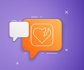 White Broken heart or divorce icon isolated on purple background. Love symbol. Happy Valentines day. Orange speech bubble symbol. Vector