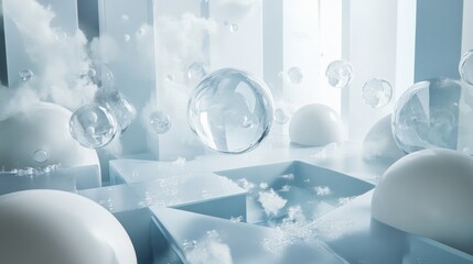 Abstract futuristic room with floating spheres in silver tones and clean white furniture