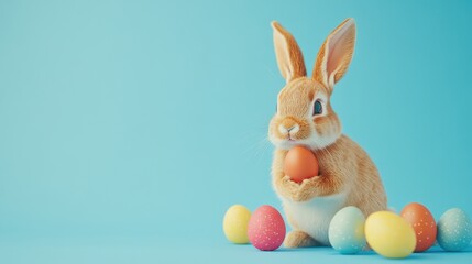 Fototapeta premium Cute Bunny Holding Easter Egg with Colorful Eggs