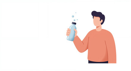 Man holding water bottle with splashes in abstract illustration  