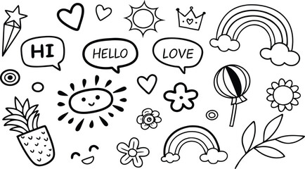 cute hand drawn doodle vector set,a seamless vector doodle illustration in black and white. love, Natural , firework, cloud, weather, rainbow, snow, heart and creative design vector collection.