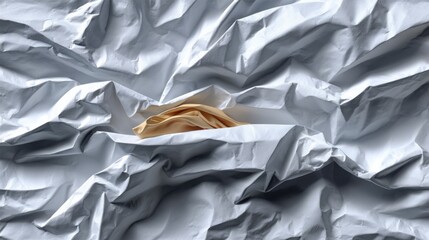 Wrinkled crumpled paper background with a beige fabric piece nestled among the papers