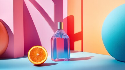 Fototapeta premium Blue perfume bottle and sliced orange on colorful pastel background with light shadows composition