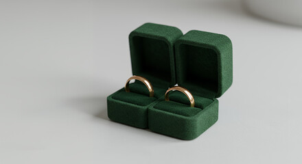 Elegant gold wedding rings displayed in a green velvet ring box on a light background