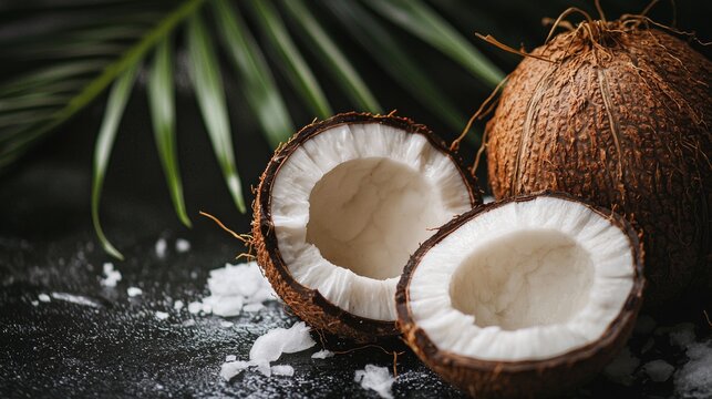 Halved coconut with tropical leaves and crushed ice in summer fruit composition with rustic background