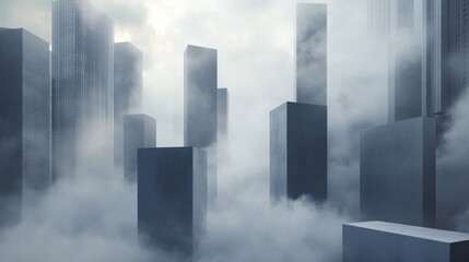 Foggy city skyline with tall buildings emerging from mist in grayscale urban surreal environment