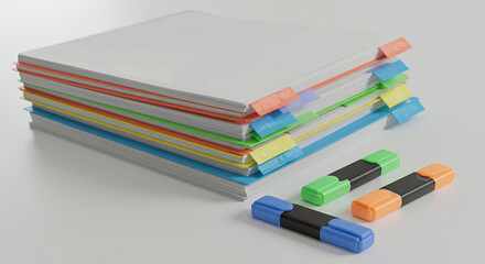 Fototapeta premium Stack of blank documents with colorful folder tabs and highlighters on a light background