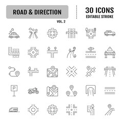 Fototapeta premium Road icon set. Conaining Road sign, fence, highway, highway and car traffic. Vector illustration