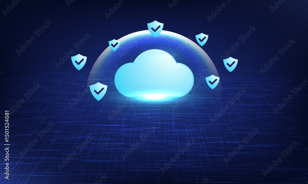 Poster futuristic cloud security illustration with shield icons forming a protection layer over a glowing c