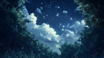 Fototapeta premium Stars visible through a break in storm clouds over a forest