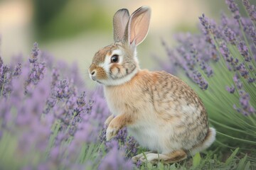 Fototapeta premium A cute rabbit joyfully hops through a vibrant lavender field bathed in the soft light of evening. The delicate flowers surround the rabbit, enhancing the tranquil setting