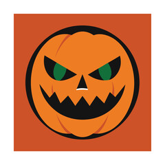A spooky halloween pumpkin face cartoon design with green eyes and a scary grin