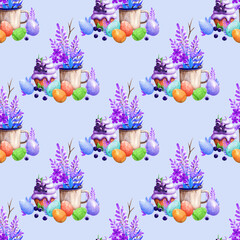 Easter seamless pattern hand drawn watercolor. Colored eggs. Cupcake with berry cream. Bouquet of flowers. Illustration background for fabric and packaging.