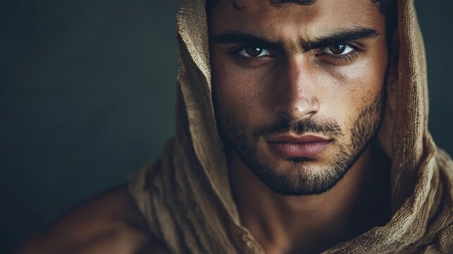 Intense male model in dramatic portrait with hoodie and shadow contrast for moody fashion photography setup