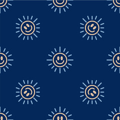 Line Sun icon isolated seamless pattern on blue background. Vector