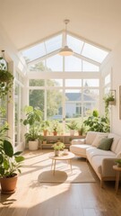 Sunlit Sunroom with Abundant Greenery and Comfortable Seating