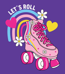 ILLUSTRATION OF A GIRL ON A SKATEBOARD WITH A RAINBOW BACKGROUND