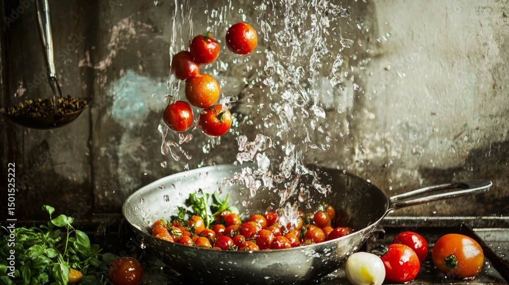 Poster tomatoes splashing into frying pan with vibrant motion