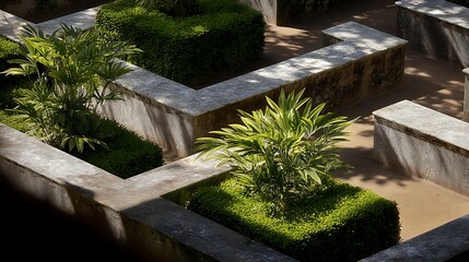 Summer Solstice: English garden maze viewed from above with complex solstice shadows