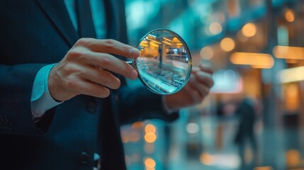 Fototapeta premium Man holding glass sphere in city for futuristic science technology optical illusion modern concept scene