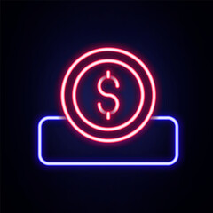 Glowing neon line Coin money with dollar symbol icon isolated on brick wall background. Banking currency sign. Cash symbol. Colorful outline concept. Vector