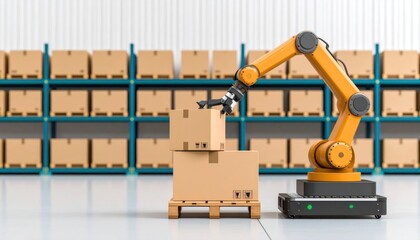 Robot arm stacks boxes in a warehouse. Shelves with more packages line the back