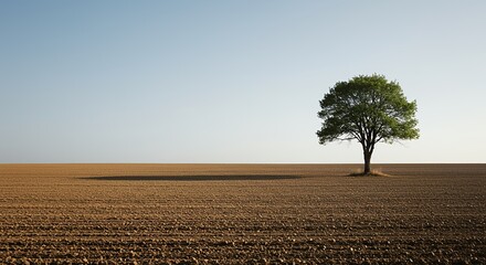 AI-Generated Minimalist Landscape of Lone Tree with Vast Negative Space on Plowed Field