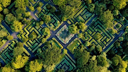 Summer Solstice: English garden maze viewed from above with complex solstice shadows