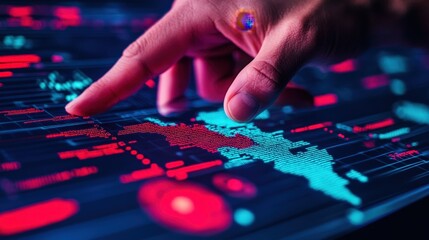 Naklejka premium A hand interacts with a glowing digital screen displaying graphs, data points, and a map in vibrant blue and red colors.