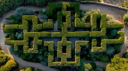 Summer Solstice: English garden maze viewed from above with complex solstice shadows