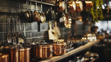 Professional chef kitchen with shiny copper pots hanging on rack in gourmet restaurant cooking scene