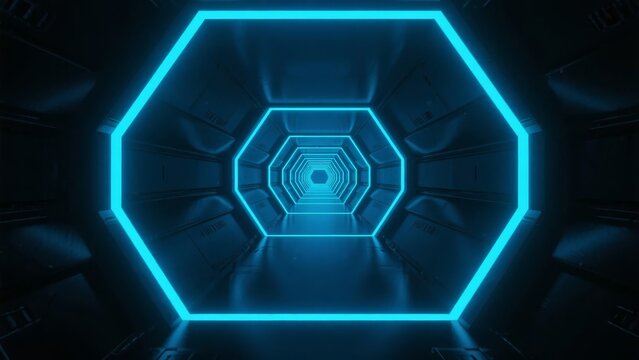 A futuristic tunnel with glowing blue neon lights forming octagonal shapes