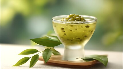 Summer Solstice: Traditional green mung bean dessert in translucent bowl under soft